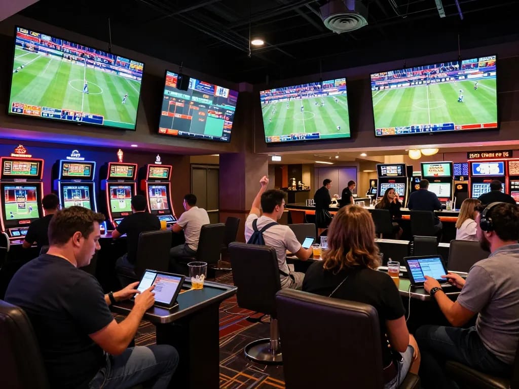 Cheering patrons engaging in sports betting at DH88's modern casino lounge.
