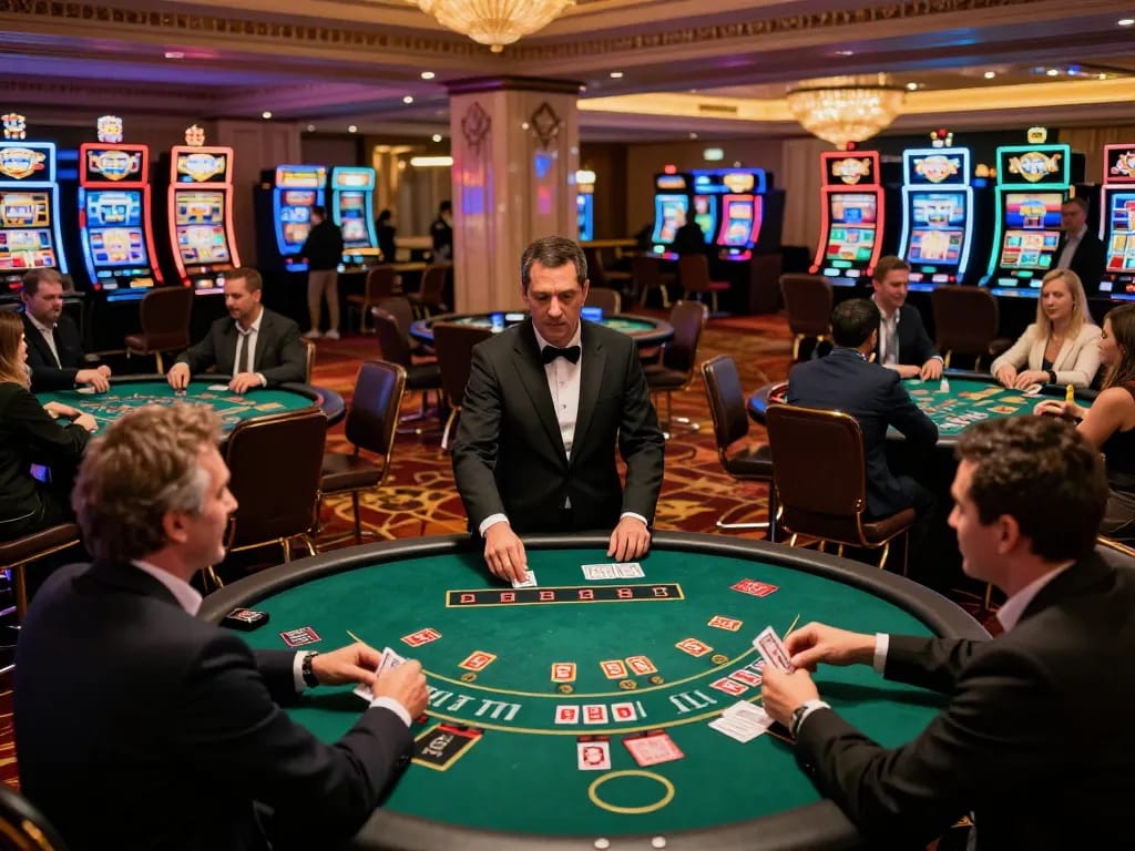 Engaged players at a hit club blackjack table showcasing dynamic gameplay in a lively casino atmosphere