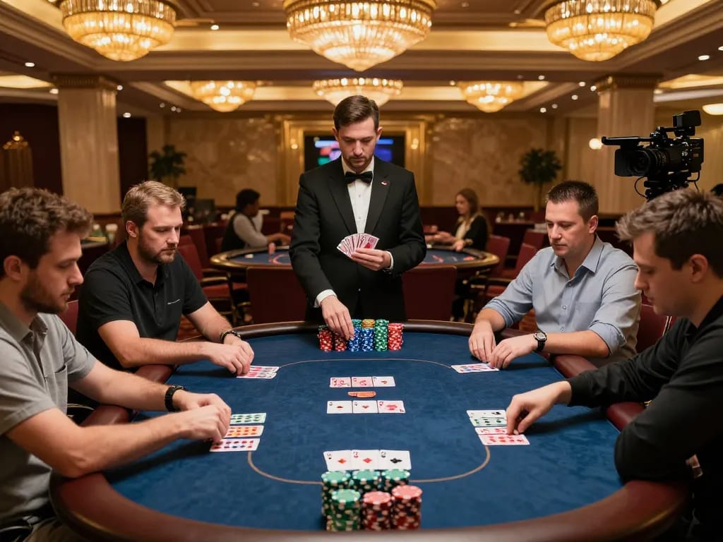 Experience thrilling high-stakes poker at 888bgo in a luxurious casino environment, showcasing intense gameplay.