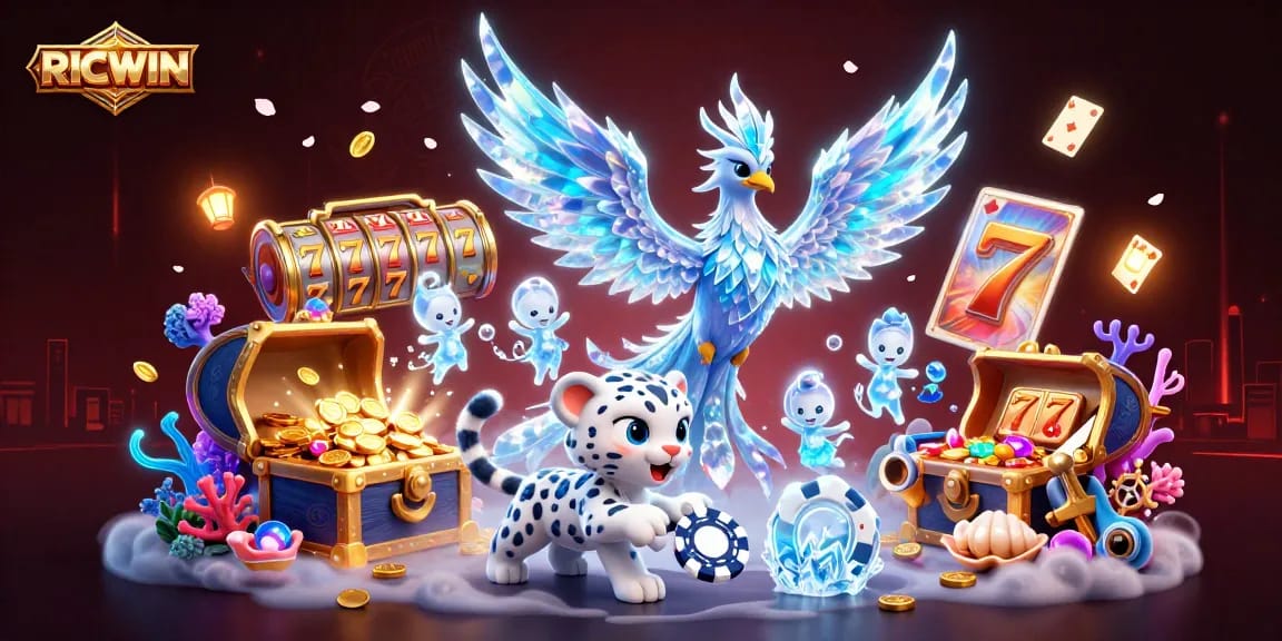 Experience the enchanting RICWIN slots with ice phoenix and vibrant casino elements.