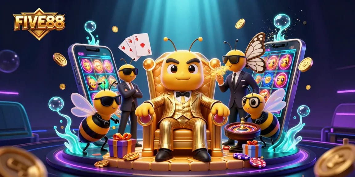 Watch the FIVE88 casino come alive with vibrant characters and exciting gambling elements in this dynamic scene.