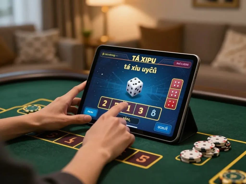 Tai Xỉu online uy tín gameplay with a focused player analyzing bets on a tablet in a stylish home setting.