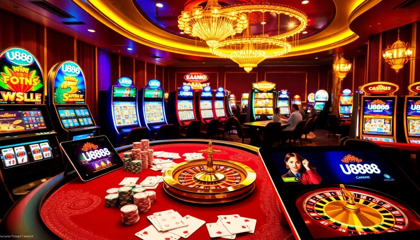 Experience the thrill of U888 online casino gameplay with vibrant poker tables and slot machines.