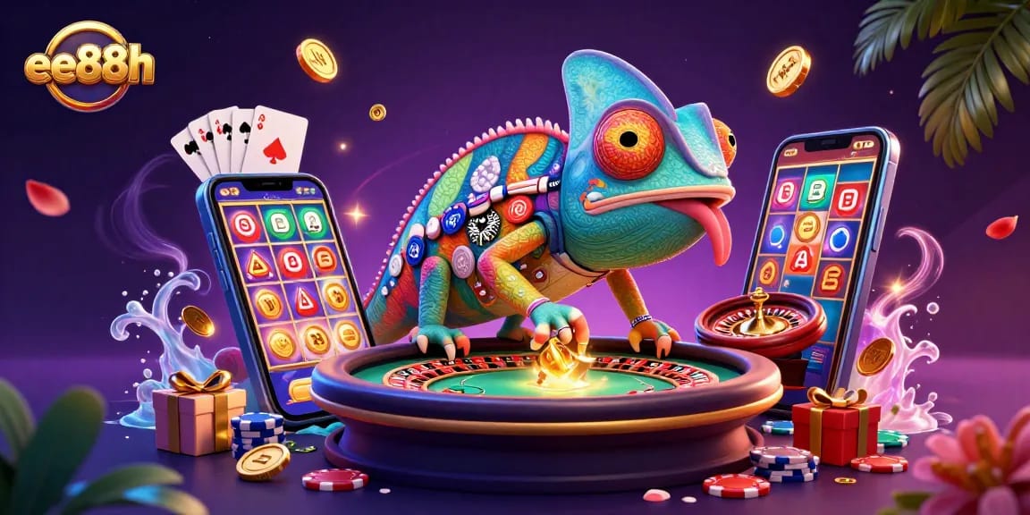 ee88h chameleon casino owner captures golden coins while surrounded by vibrant slot games and poker elements