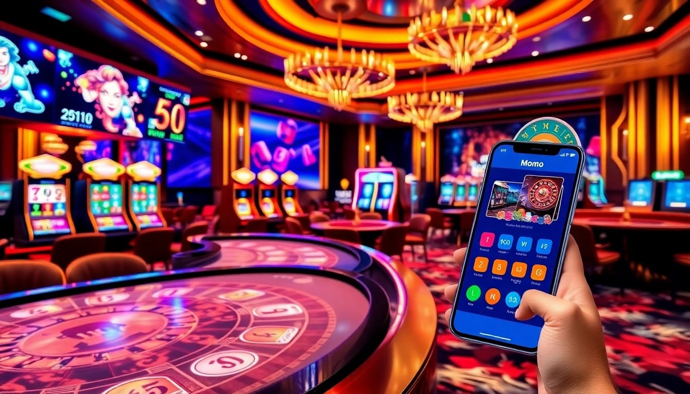 Xóc đĩa online thanh toán momo in an exciting casino setting with vibrant game elements and luxury ambiance.