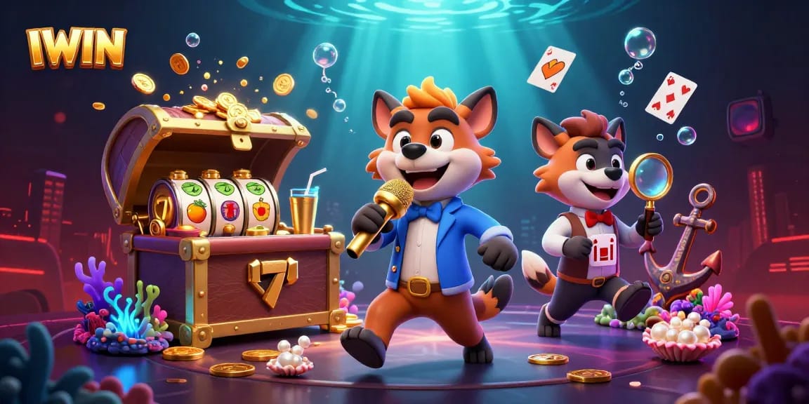 IWIN casino scene with hyenas in a comedy club, showcasing slot reels and vibrant elements.