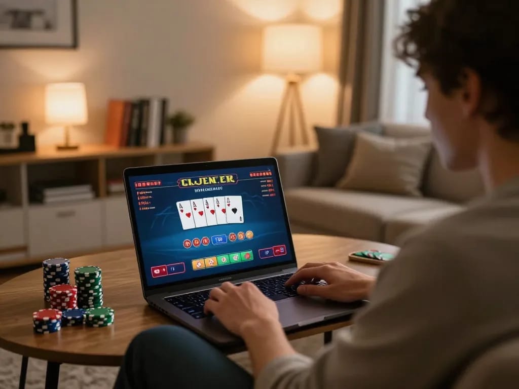 Engaging moment at https://98winn.net/ showcasing online poker gameplay in a cozy home environment.