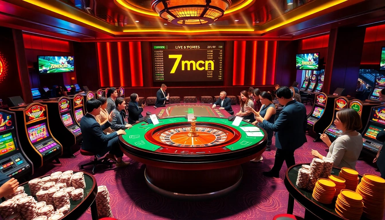 Experience thrilling gaming action at a casino featuring 7mcn, with players engaging at the roulette table.
