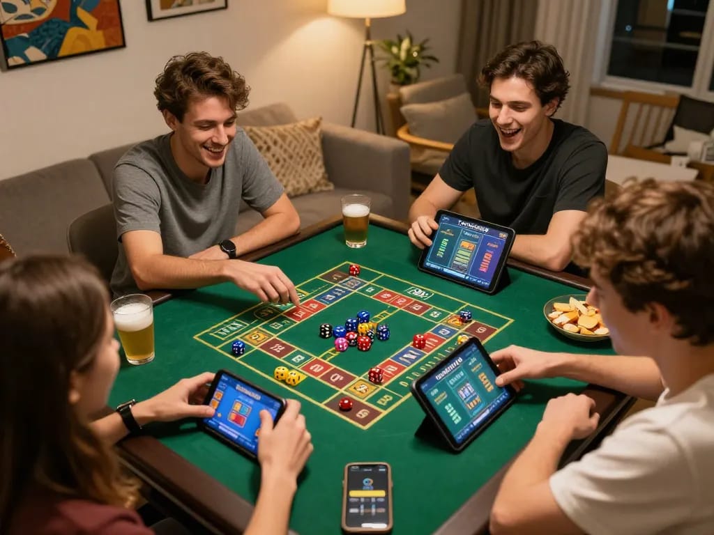 Friends enjoying Tài Xỉu gameplay on taixiuonline8 with vibrant dice and smiles
