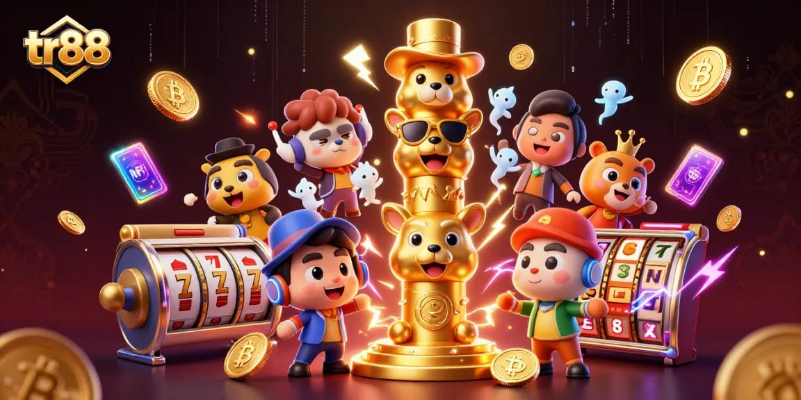 Engage with thrilling slots at tr88, featuring vibrant 3D totem characters amidst crypto coins.