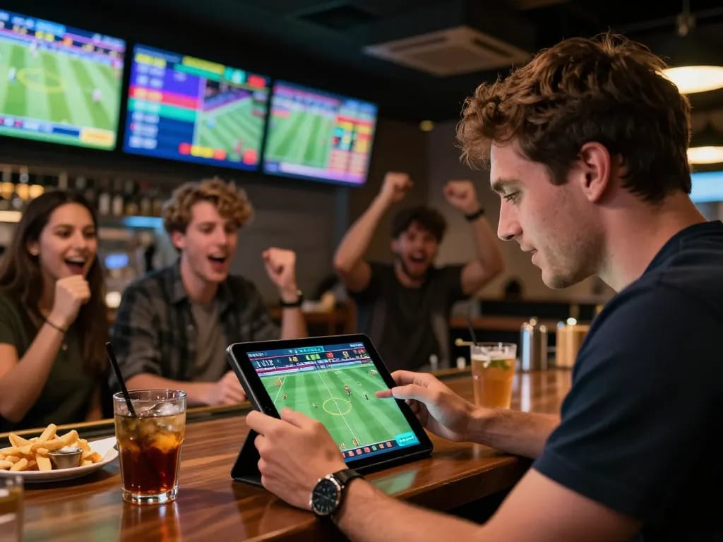 Tỷ Lệ Bóng Đá: Engaging sports betting scene with dynamic odds displayed on multiple screens