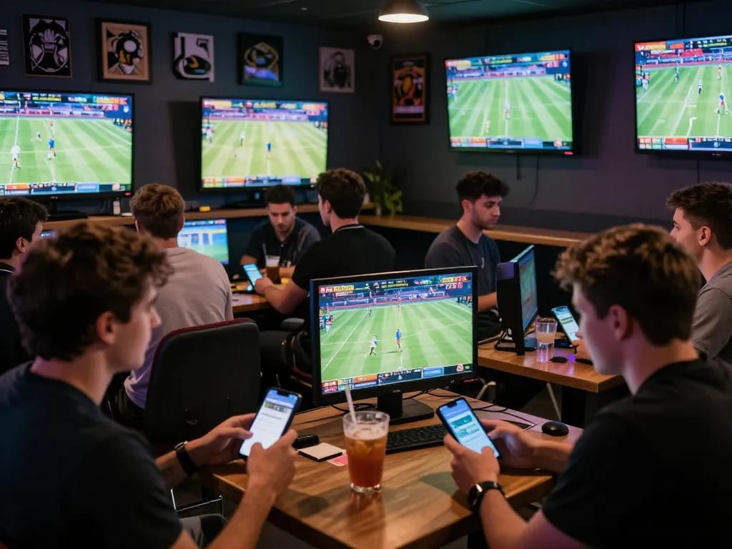 Betting excitement at 789WIN's sports lounge with friends analyzing game odds