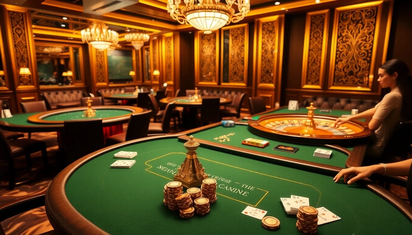 Players enjoying a thrilling game at 33Win's luxurious casino tables, featuring poker chips and cards.