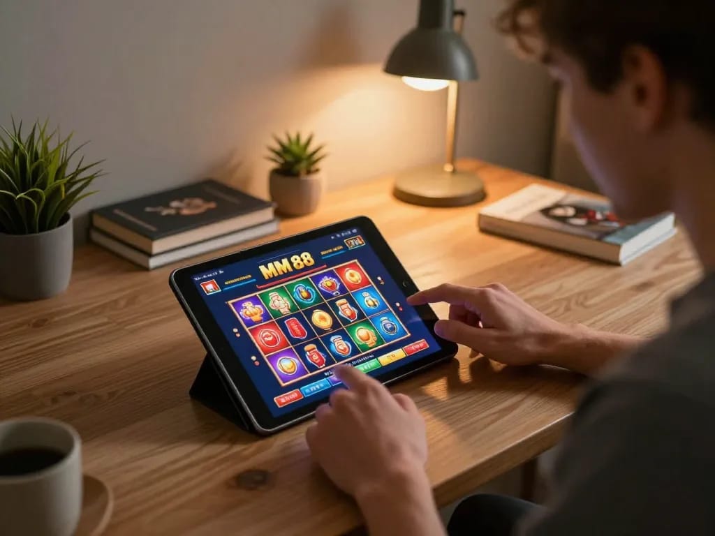 Engaged player interacts with MM 88 mobile casino, showcasing strategic gameplay and inviting atmosphere.