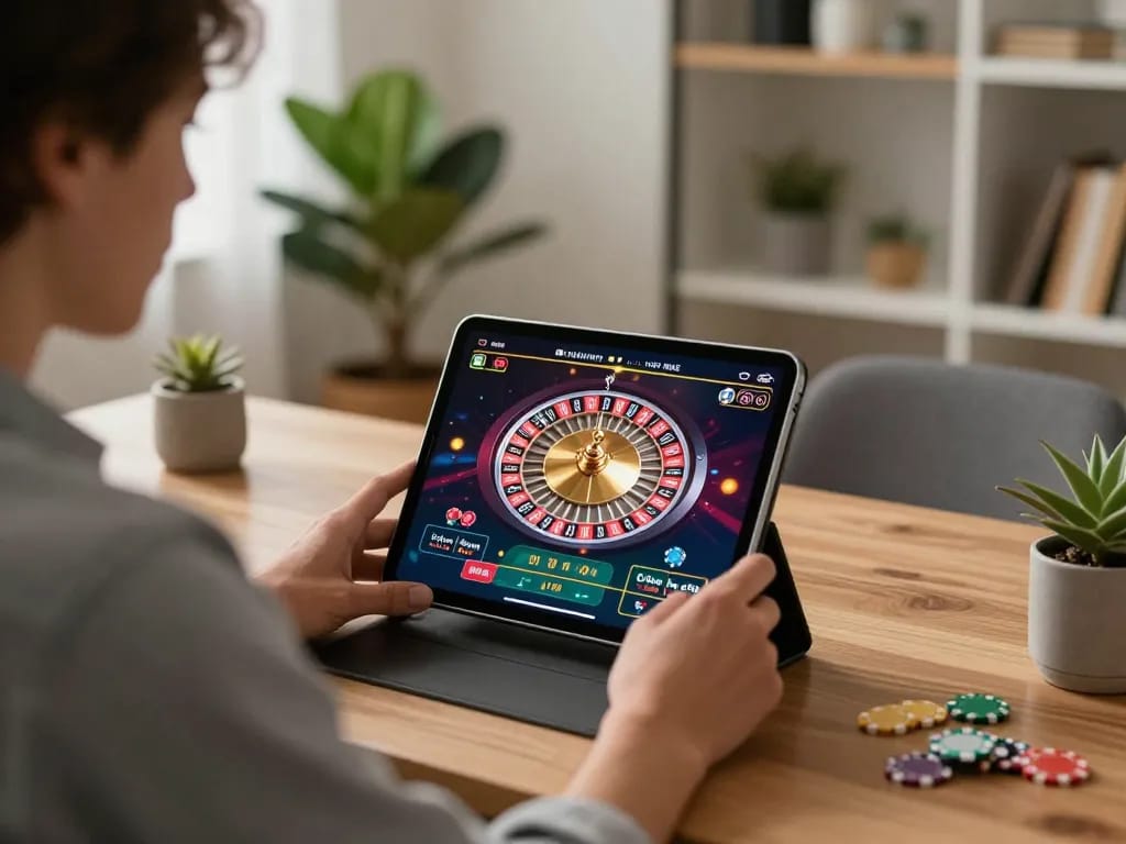 Engaging in live casino play using 789p tablet at stylish desk in cozy home setting.