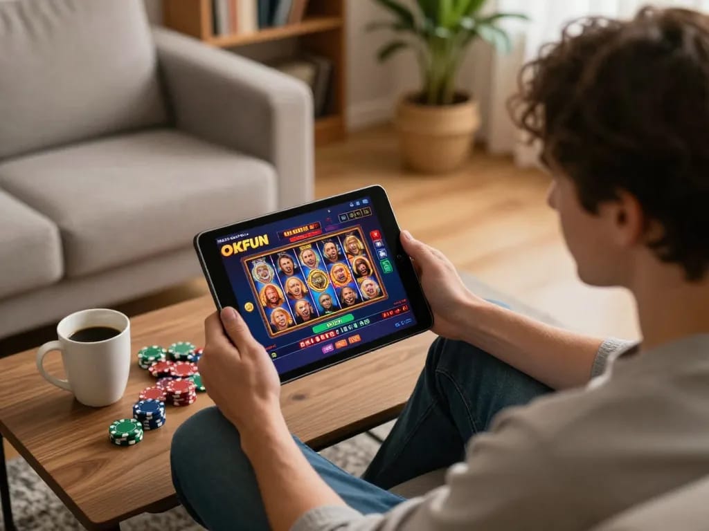 Engaging in online gambling with OKFUN slot games on a cozy tablet setup