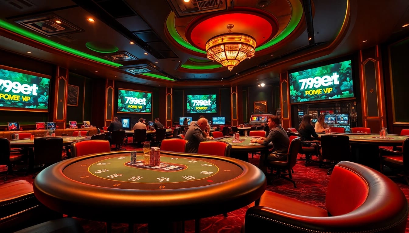 Exciting scene of 789bet vip poker room with players at tables and vibrant branding.