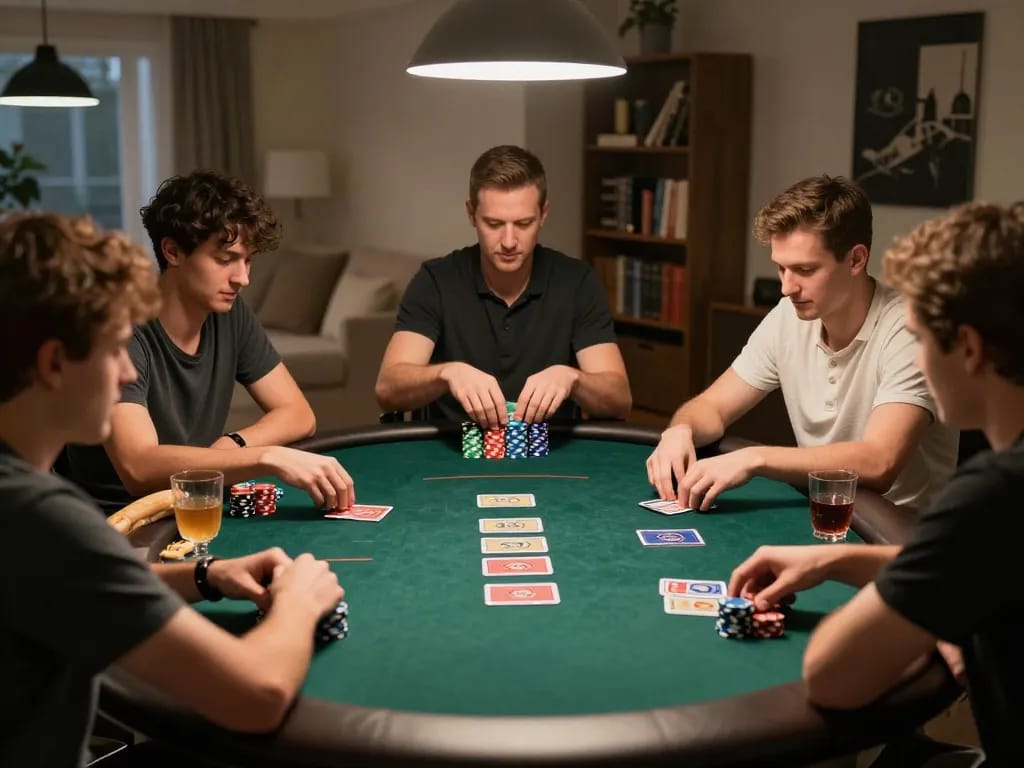 Go89 players engaging in strategy during a Texas Hold'em game at a home poker night.