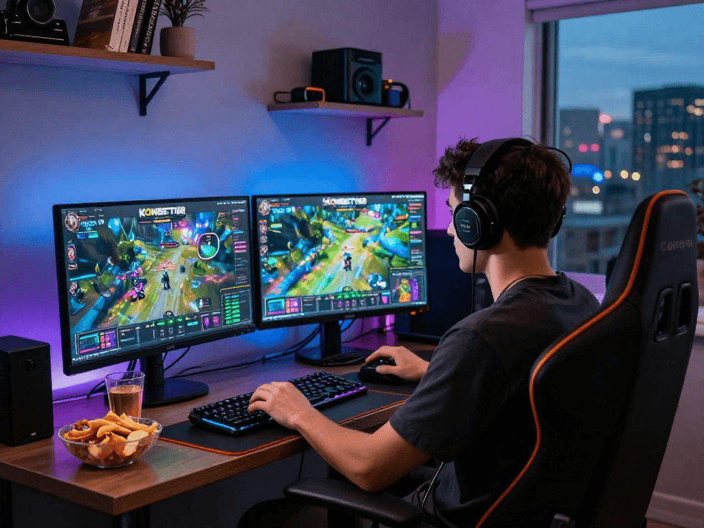 Engaged gamer enjoying KOMBET168 in a vibrant home setup with dual monitors and snacks.
