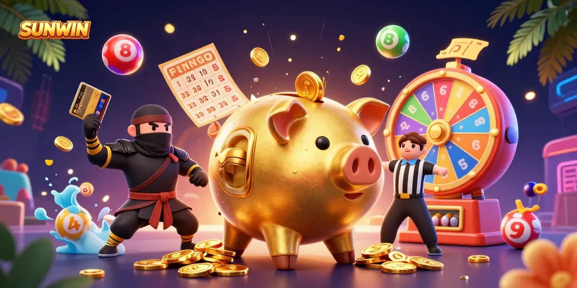 SUNWIN gaming scene features a golden piggy bank sumo wrestler amidst lively lottery elements in a vibrant casino setting.