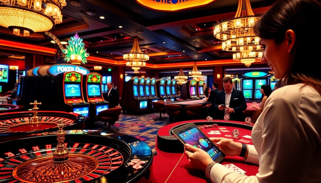 Players enjoying the thrill of open88 online gambling at a vibrant casino.