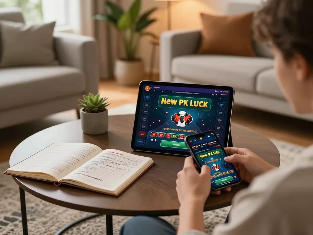 Engaging with new pk luck casino app on a tablet in a cozy living room