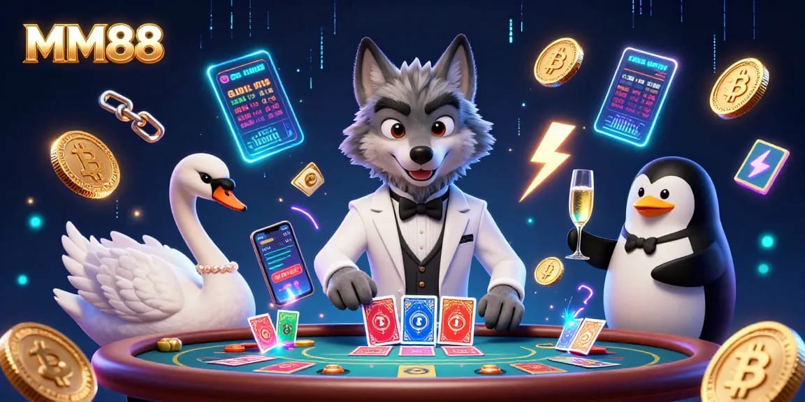Experience the thrill of playing MM88 in a vibrant casino scene with a debonair wolf and elegant swan.