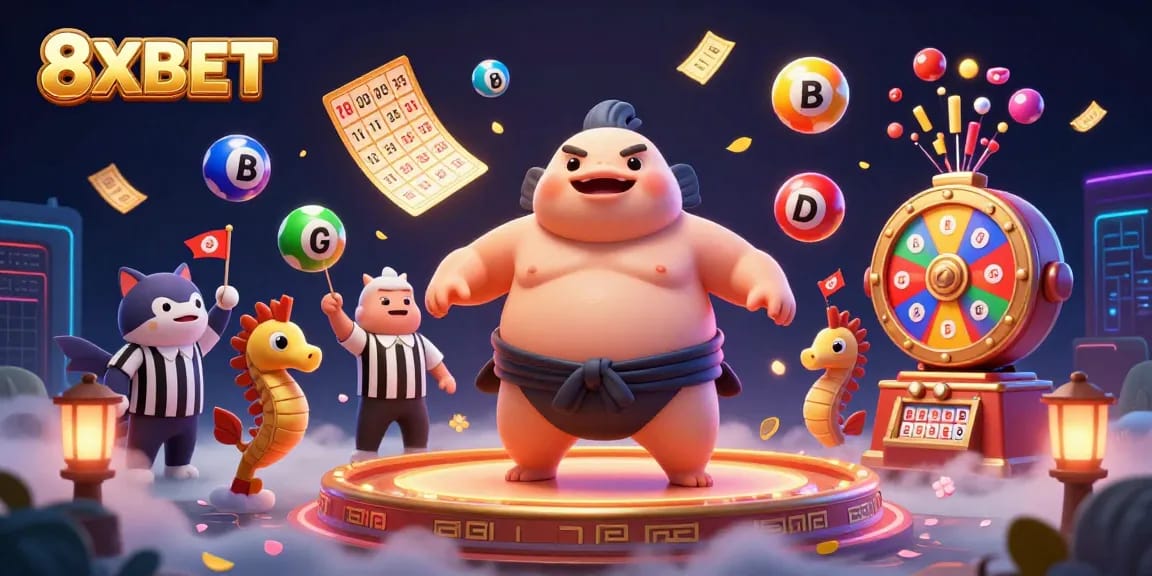 Engage with the vibrant 8XBET gaming scene featuring a lively fugu character, lottery elements, and festive ambiance.