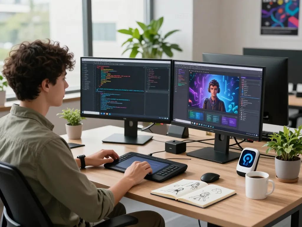 Creative tech workspace showcasing AI character design process with crushon developer at modern desk.