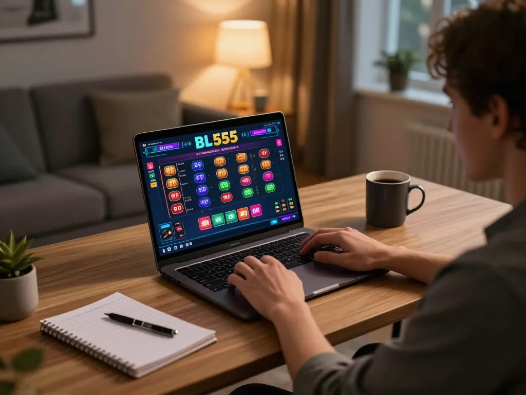 Engaging in online gambling on bl555 platform with vibrant betting interface and cozy home setting.