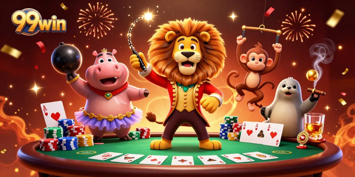 Experience the thrill of gaming with 99win in an exciting circus-themed casino scene.