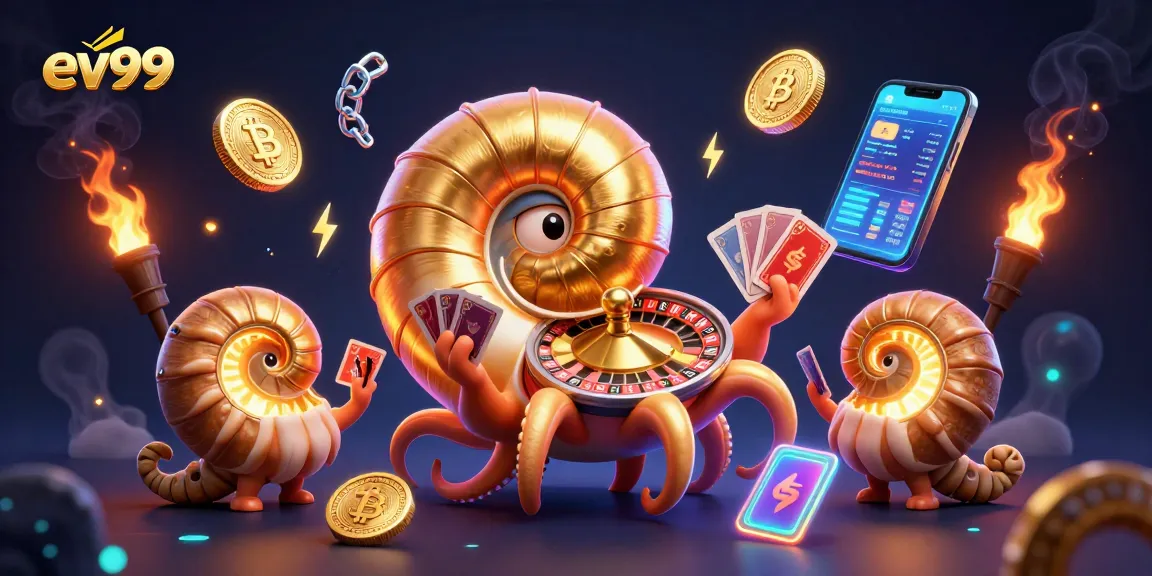 Spin the roulette with ev99 as giant nautilus, glowing crypto coins, and vibrant casino elements.