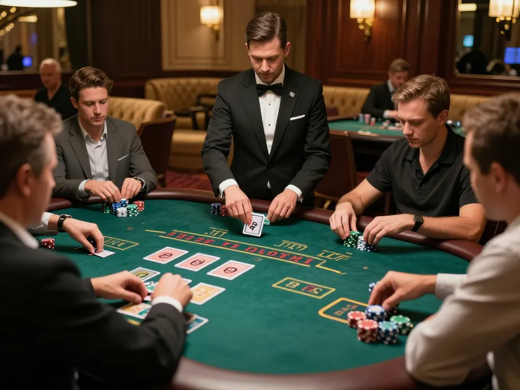 Players enjoying blackjack at MM88 casino table with dealer managing cards, lively casino atmosphere.