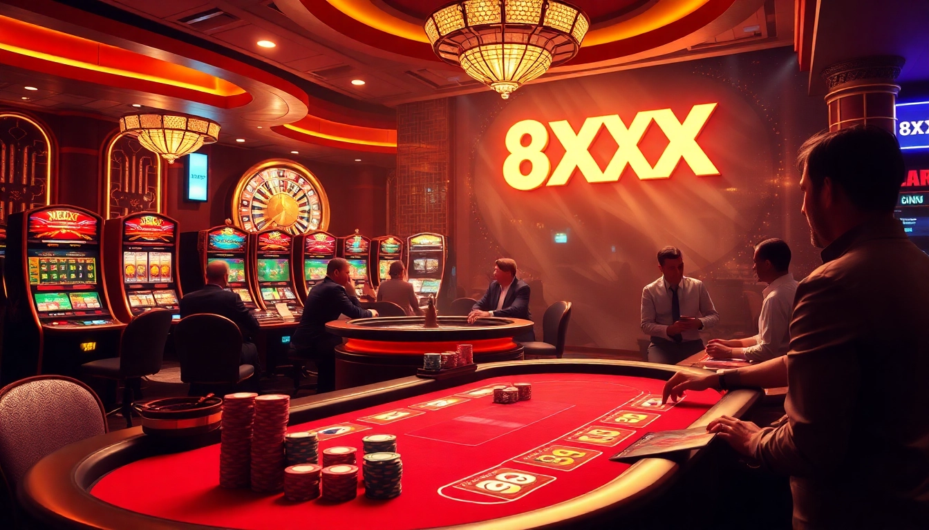 Engaging casino scene with players at poker table and vibrant slot machines featuring the 8XX logo.