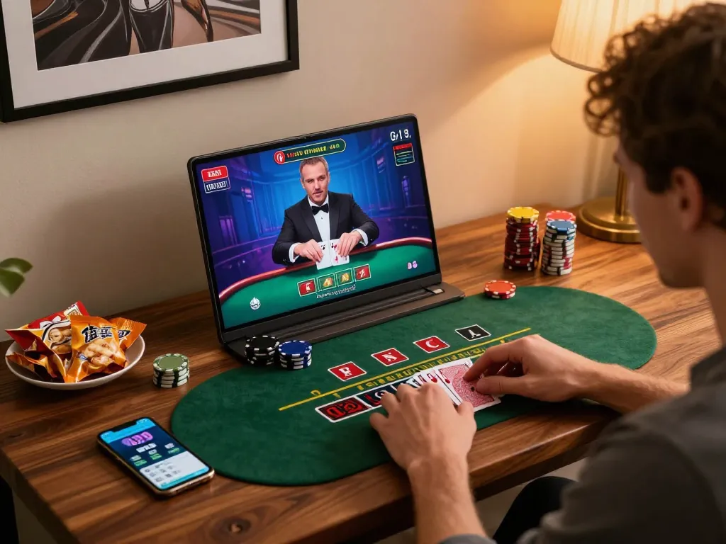 Engaging in live dealer blackjack on laptop at home with oxbet, showcasing vibrant online gaming setup.