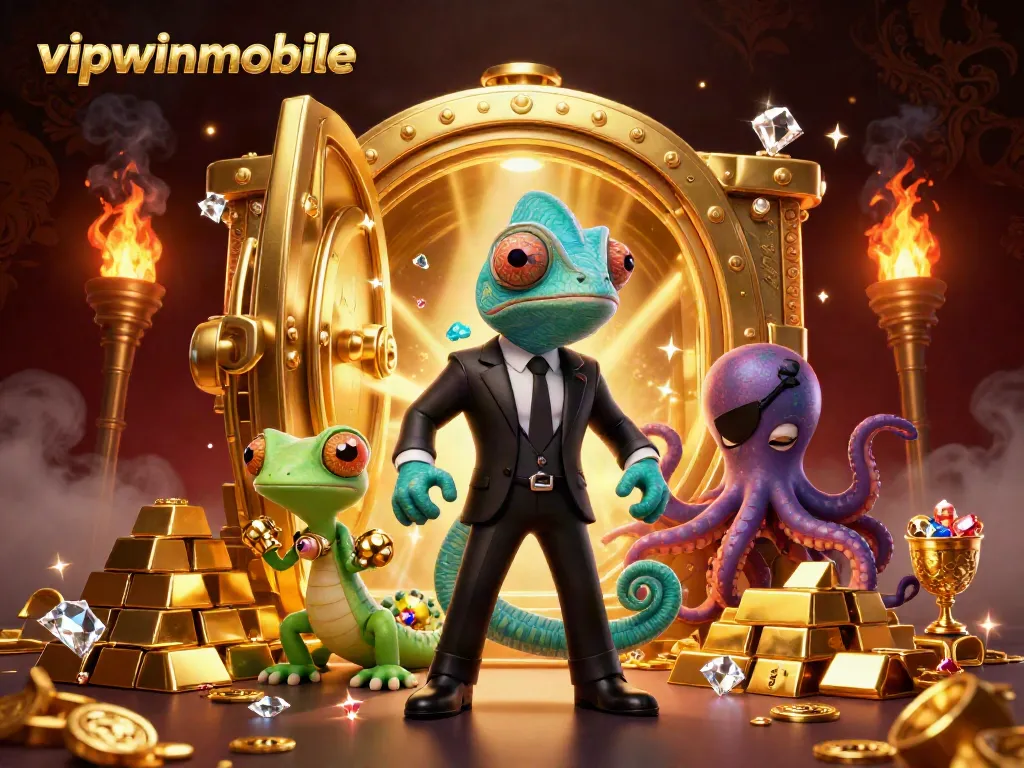 Experience wealth and excitement with vipwinmobile in this vibrant casino-themed illustration featuring unique characters and treasures.