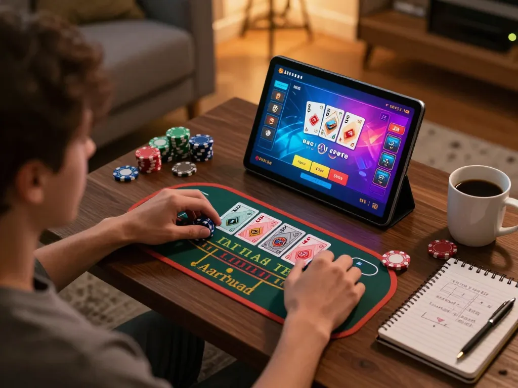 Bong88 user engaging in an exciting baccarat game at home, showcasing strategy and enjoyment in a cozy setting