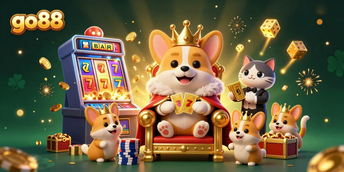 Play thrilling slots at go88 with a lavish 3D scene featuring a corgi king and jackpot excitement.