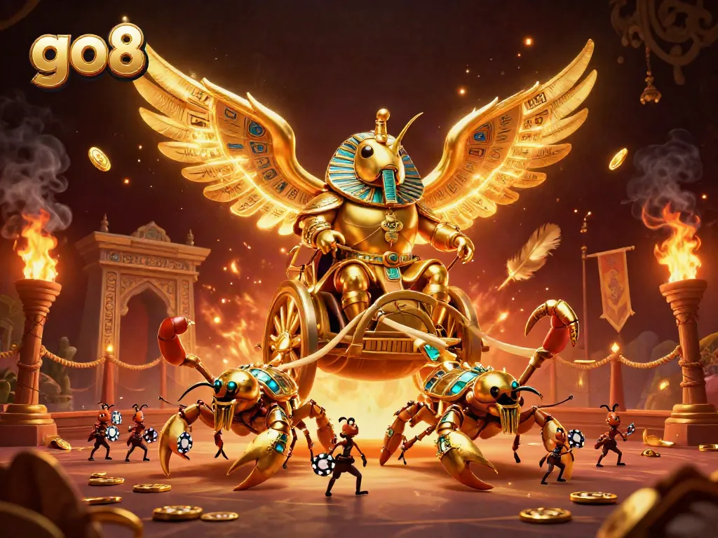 Experience thrilling action at go8 with a colossal beetle in a vibrant casino scene.