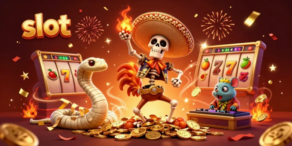 Spin the slot reels with fun characters and vibrant confetti celebrating wins in a colorful casino scene.