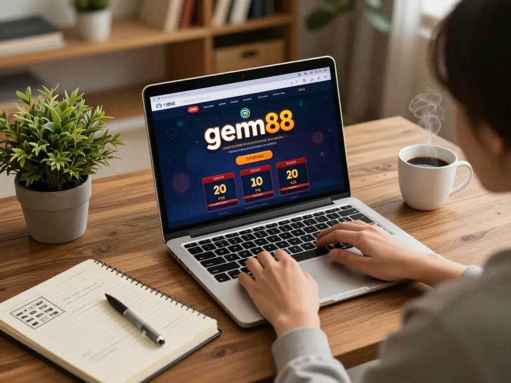 Engaging online gaming scene with gem88 app on screen, person planning strategy at home