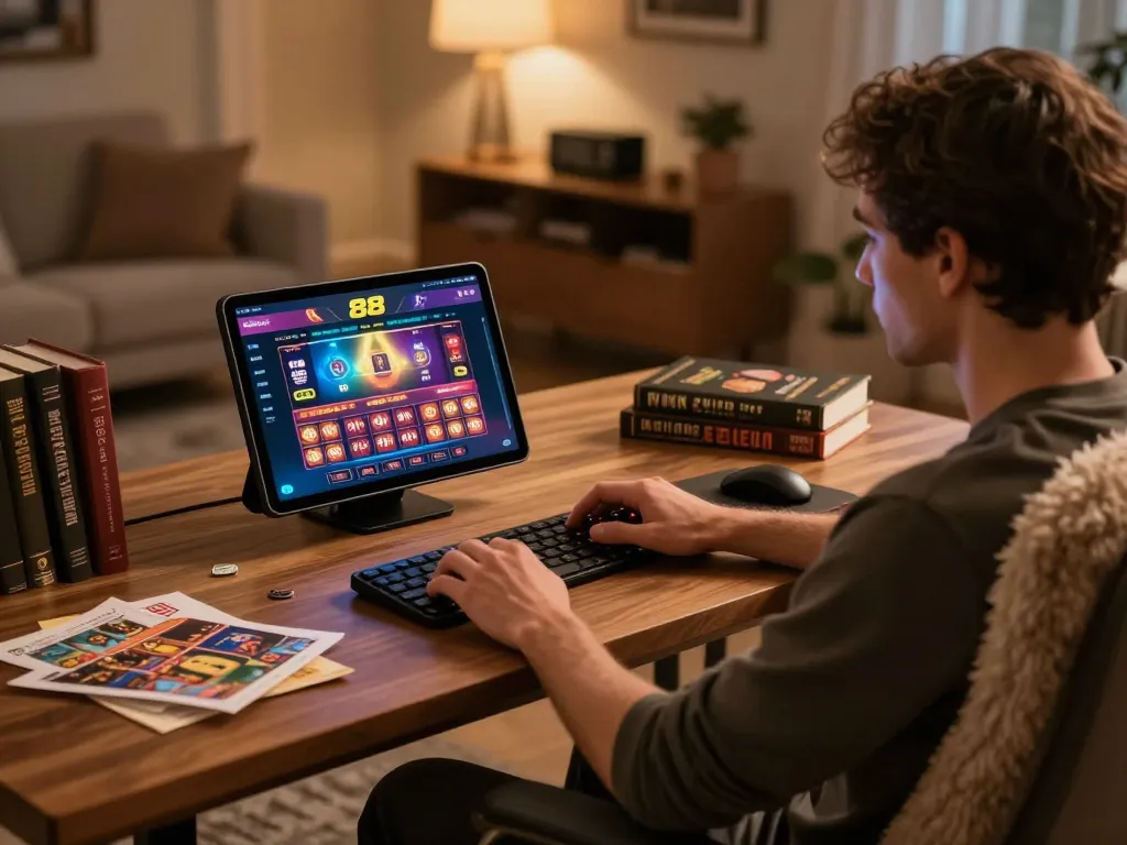 Engaged player using new88 casino app on a tablet in a cozy home setting.