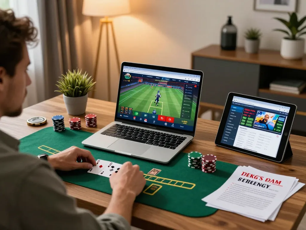 Engaging player enjoying kkwin blackjack online at home office with laptop and tablet.