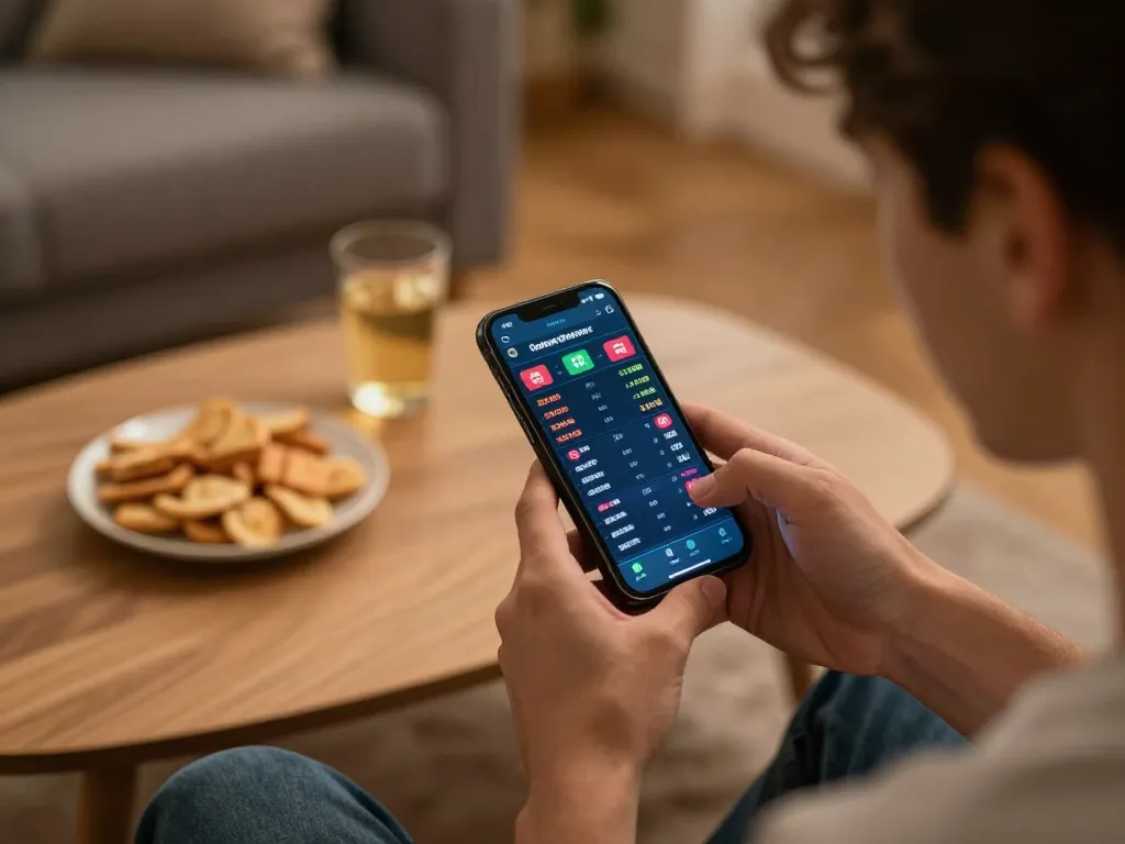 Person placing bets on W88 app in a cozy home setting, dynamic online sports betting atmosphere