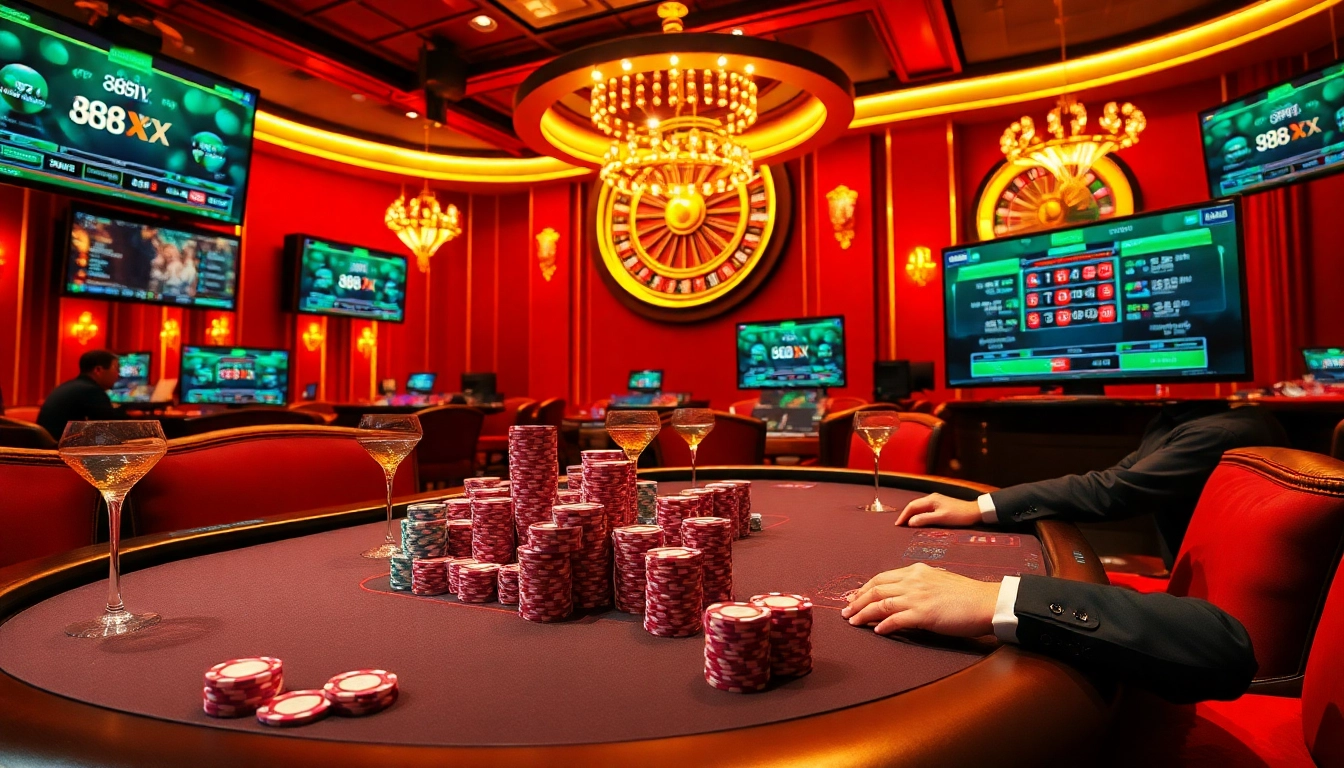 Experience the thrill of 88xx casino with vibrant poker tables, colorful chips, and elegant ambiance.