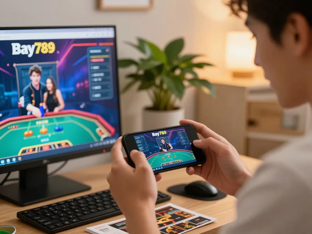 Engaging moment of a player using the Bay789 app to enjoy live dealer gaming at home.