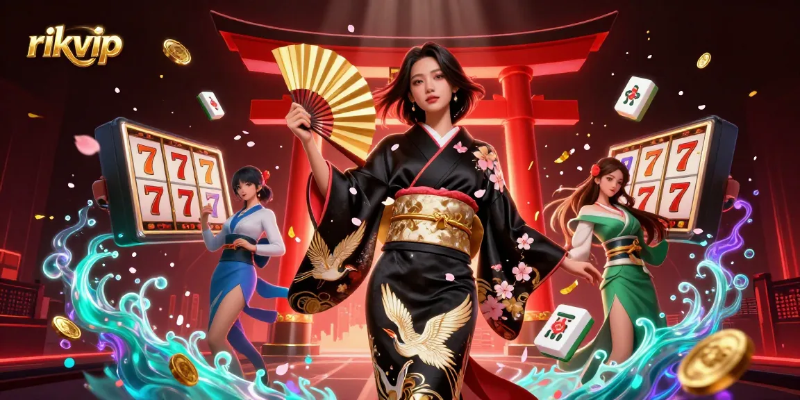 Experience the vibrant world of rikvip with a majestic Asian woman amidst dynamic slots and golden luck.