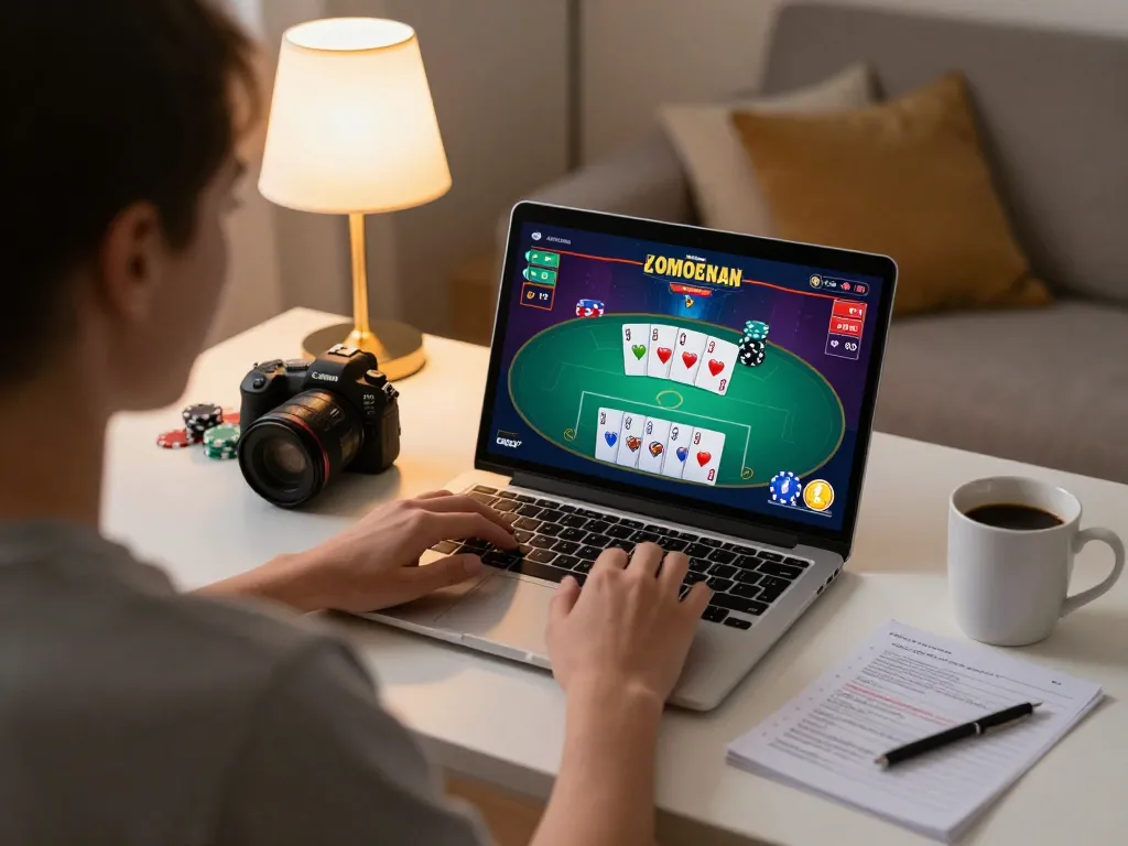 Jamsosindonesia player enjoying online poker game with strategy notes at home desk