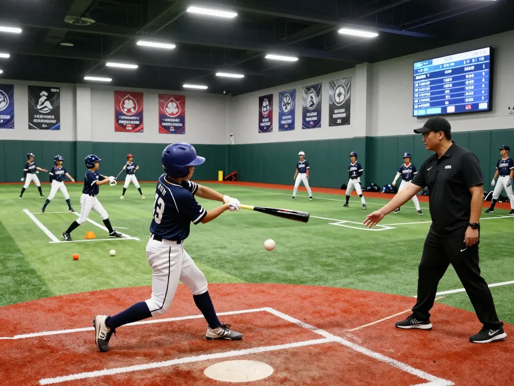 Hitclub baseball training session with young athletes practicing batting under bright lights.