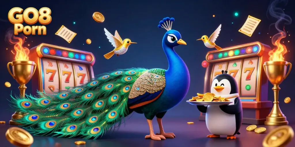 Experience excitement at GO8 Porn with a vibrant 3D casino scene featuring a cartoon peacock and lively elements.